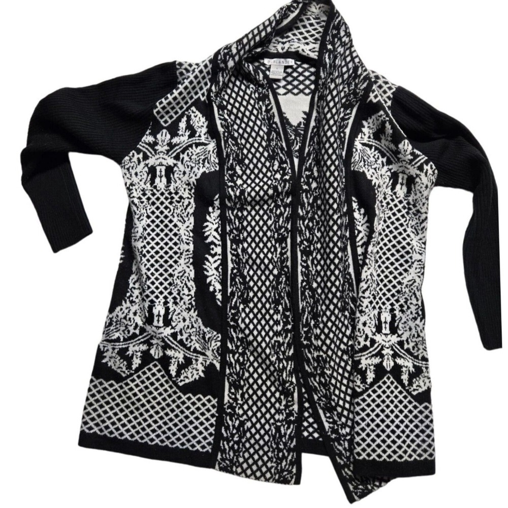 Outlander Open Front Cardigan Sweater Black White Patterned Knit Large